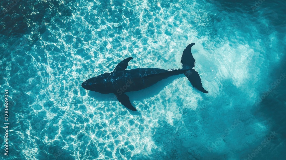 Aerial shot of an Omura's whale's shadow cast on the ocean floor Aerial shot of an Omura's whale's shadow cast on the ocean floor