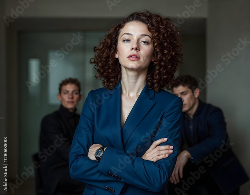 Obraz na płótnie Vintage confident business woman standing inside a modern office, dressed in an elegant suit with arms crossed, exuding success and professionalism w salonie