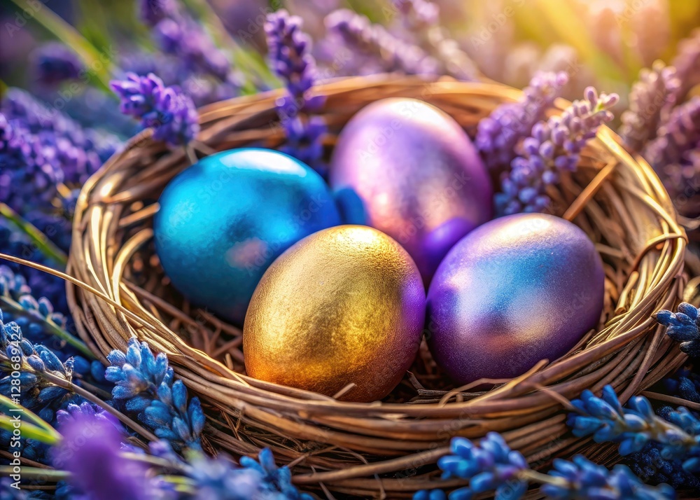 Pastel Easter eggs in purple, blue, and gold gleam in a beautiful spring lavender photoshoot. Pastel Easter eggs in purple, blue, and gold gleam in a beautiful spring lavender photoshoot.