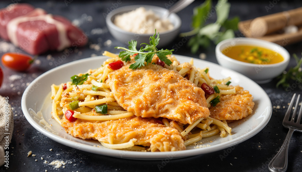 Schnitzel dish plated with pasta and herbs, culinary delight Schnitzel dish plated with pasta and herbs, culinary delight