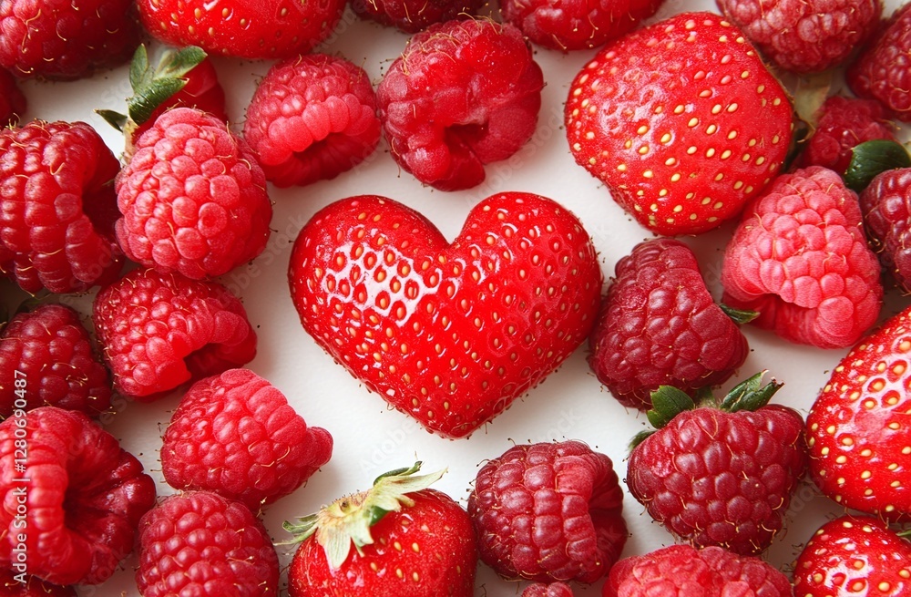 Heart Shaped Strawberry Surrounded By Fresh Red Raspberries On White Background For Food Themes Heart Shaped Strawberry Surrounded By Fresh Red Raspberries On White Background For Food Themes