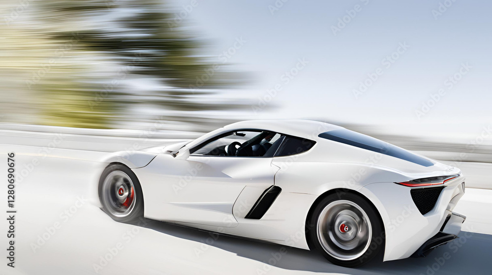 A high-speed white sports car is captured on a striking white background with motion blur effects, symbolizing speed and luxury A high-speed white sports car is captured on a striking white background with motion blur effects, symbolizing speed and luxury