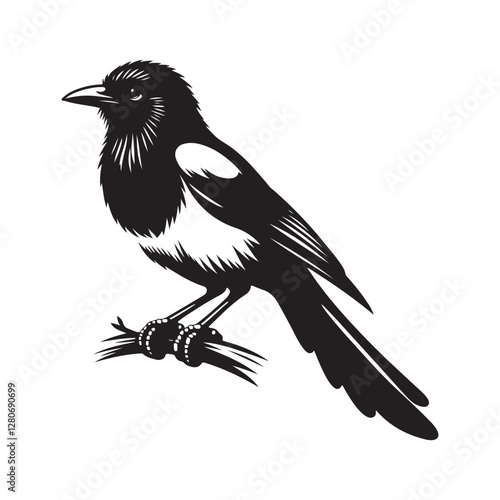 Magpie bird Silhouette Vector Illustration, Solid White Background.