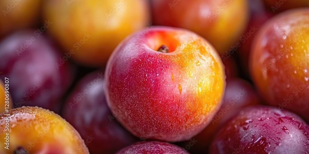 Vibrant close-up of shiny red and yellow plums with water droplets, featuring a blurred background of more plums in varying hues. Vibrant close-up of shiny red and yellow plums with water droplets, featuring a blurred background of more plums in varying hues.