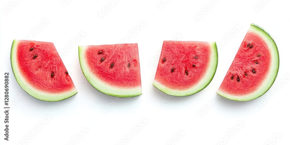 Sliced watermelon segments arranged on a white background showcasing vibrant red flesh and green rind against a minimalistic setting. Sliced watermelon segments arranged on a white background showcasing vibrant red flesh and green rind against a minimalistic setting.
