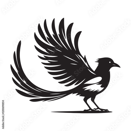 Magpie bird Silhouette Vector Illustration, Solid White Background.