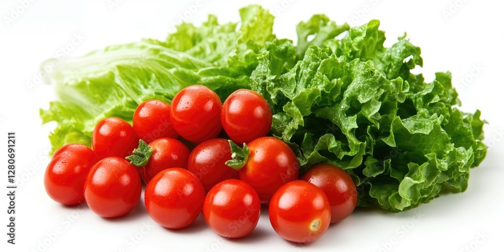 Fresh cherry tomatoes in a cluster with vibrant red hue beside crisp green lettuce leaves against a clean white background for healthy food concept. Fresh cherry tomatoes in a cluster with vibrant red hue beside crisp green lettuce leaves against a clean white background for healthy food concept.