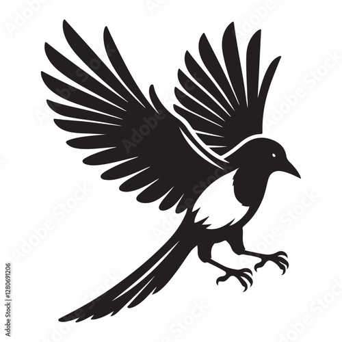 Magpie bird Silhouette Vector Illustration, Solid White Background.