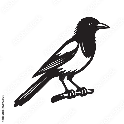 Magpie bird Silhouette Vector Illustration, Solid White Background.