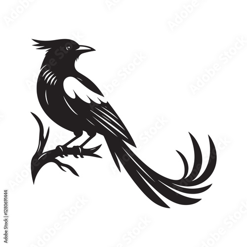 Magpie bird Silhouette Vector Illustration, Solid White Background.