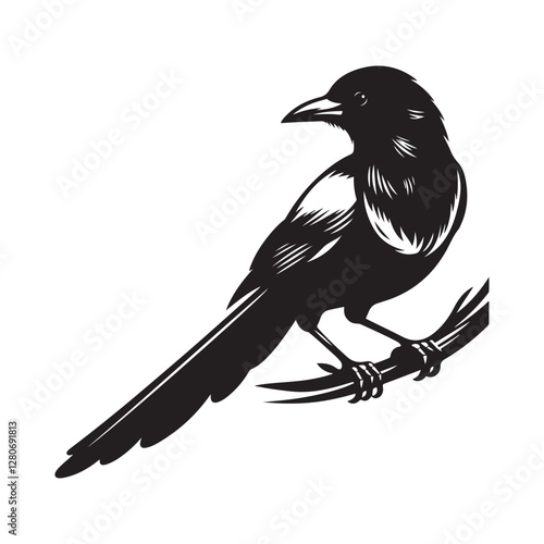 Magpie bird Silhouette Vector Illustration, Solid White Background.