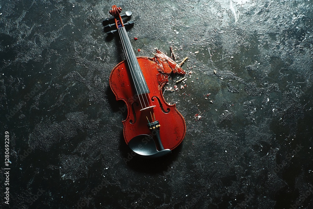 Fototapeta premium Broken Red Violin with Damaged Strings on Dark Textured Surface Symbolizing Fragility and Loss