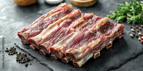 Fresh raw beef ribs arranged neatly on a black slate surface with herbs and mixed peppercorns scattered around for a rustic presentation.