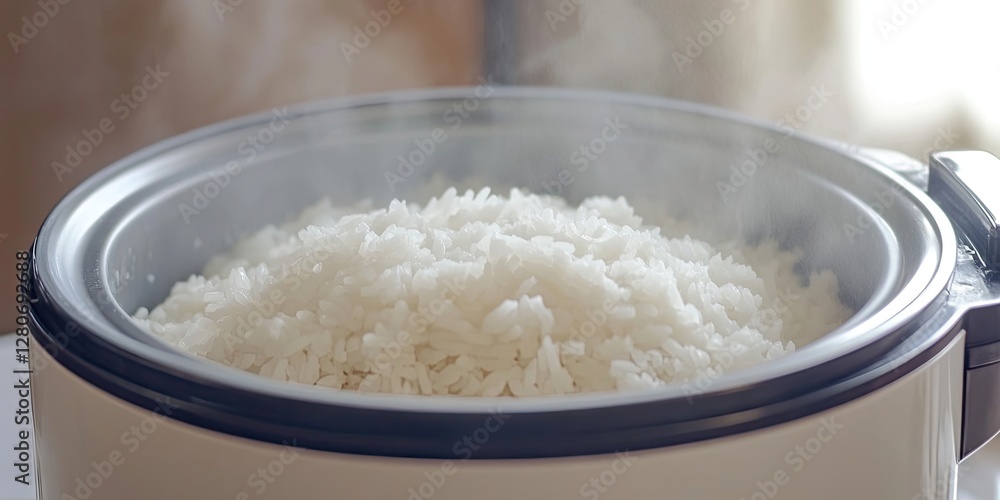 Steaming fluffy white rice in a modern rice cooker with vapor rising from the top set against a blurred warm background. Steaming fluffy white rice in a modern rice cooker with vapor rising from the top set against a blurred warm background.