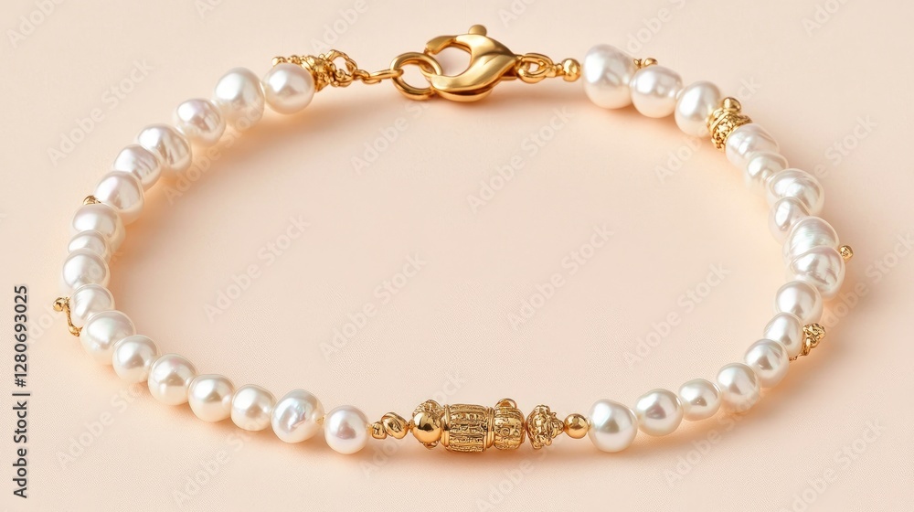 A layered pearl bracelet with gold accents, placed on a soft pastel peach background A layered pearl bracelet with gold accents, placed on a soft pastel peach background
