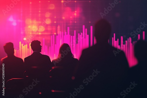 Wallpaper Mural Business Audience Silhouettes Watching Digital Data Visualization in Gradient Pink Background Torontodigital.ca