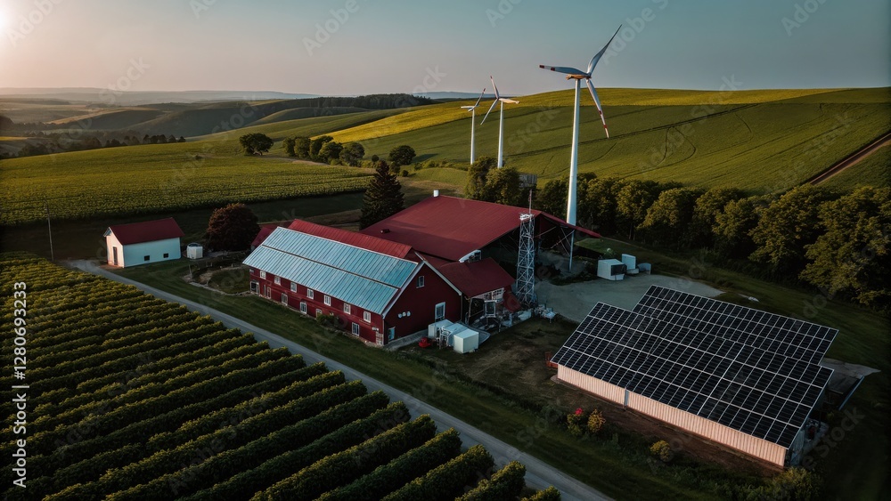 Obraz premium Aerial view of an eco friendly farm at sunrise, featuring a red barn with solar panels, wind turbines, and vineyards. Clean energy and sustainable agriculture.