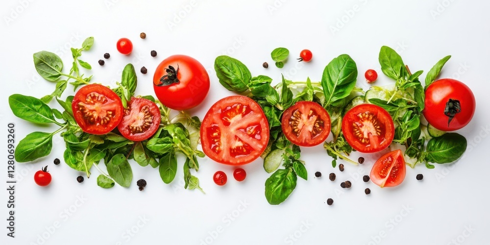 Vibrant red tomatoes and fresh green basil elegantly arranged on a bright white background highlighting textures and colors in a healthy dish Vibrant red tomatoes and fresh green basil elegantly arranged on a bright white background highlighting textures and colors in a healthy dish