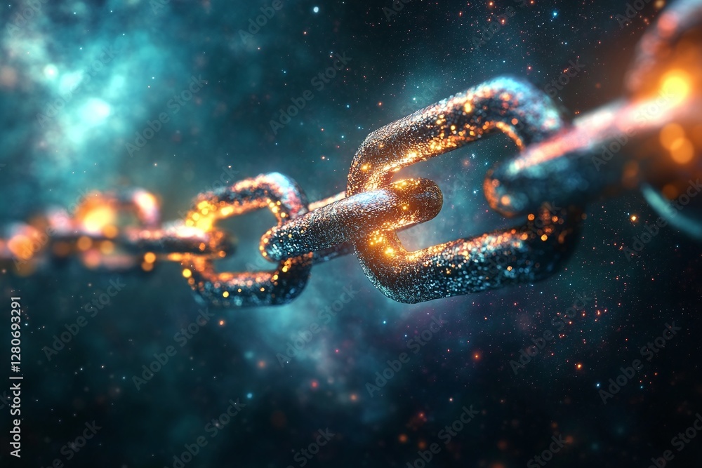 Glowing Metallic Chain Links with Sparkling Highlights in Cosmic Blue Background Symbolizing Strength Glowing Metallic Chain Links with Sparkling Highlights in Cosmic Blue Background Symbolizing Strength