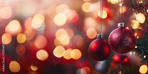 Festive bokeh backdrop featuring red and gold Christmas ornaments hanging against a blurred warm colored light background.