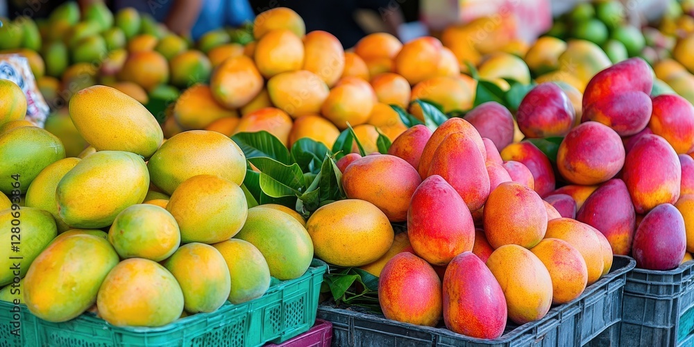 Vibrant mango display at market with green and yellow hues in foreground and pinkish red mangos in background showcasing fresh tropical fruits Vibrant mango display at market with green and yellow hues in foreground and pinkish red mangos in background showcasing fresh tropical fruits