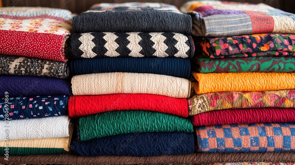 Colorful handmade and Crafted from Upcycled Denim Concept, Vibrant Patchwork Quilts Created from Upcycled Fabric Showcasing Various Textures and Colors in a Neat Stack Colorful handmade and Crafted from Upcycled Denim Concept, Vibrant Patchwork Quilts Created from Upcycled Fabric Showcasing Various Textures and Colors in a Neat Stack
