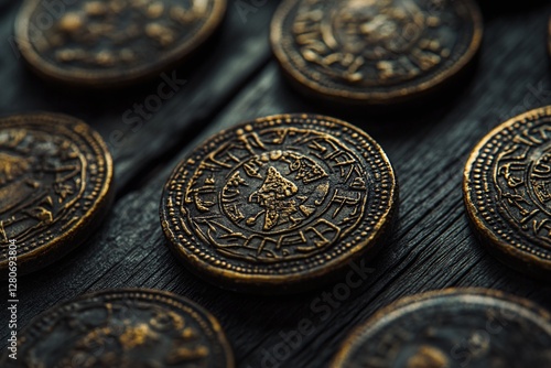 Closeup of Ancient Gold Coins with Intricate Symbolic Designs on Dark Wooden Background