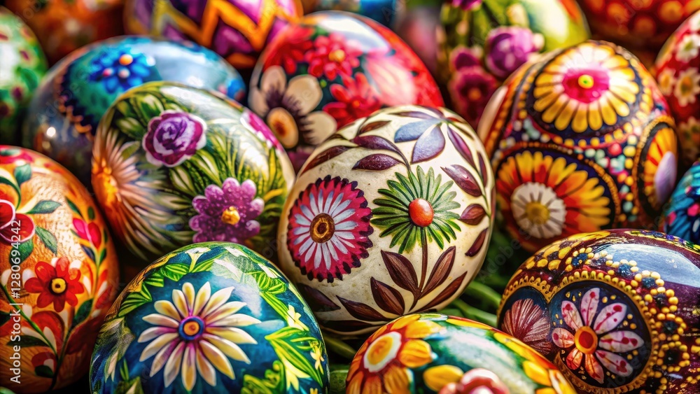 Spring blooms burst on intricately painted Easter eggs; a close-up celebration of festive egg artistry. Spring blooms burst on intricately painted Easter eggs; a close-up celebration of festive egg artistry.