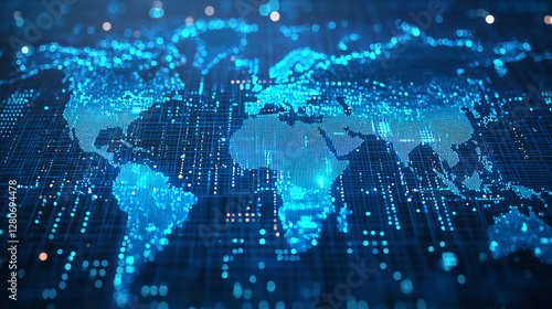 A digital world map illuminated in blue, showcasing interconnected data streams and a futuristic design.