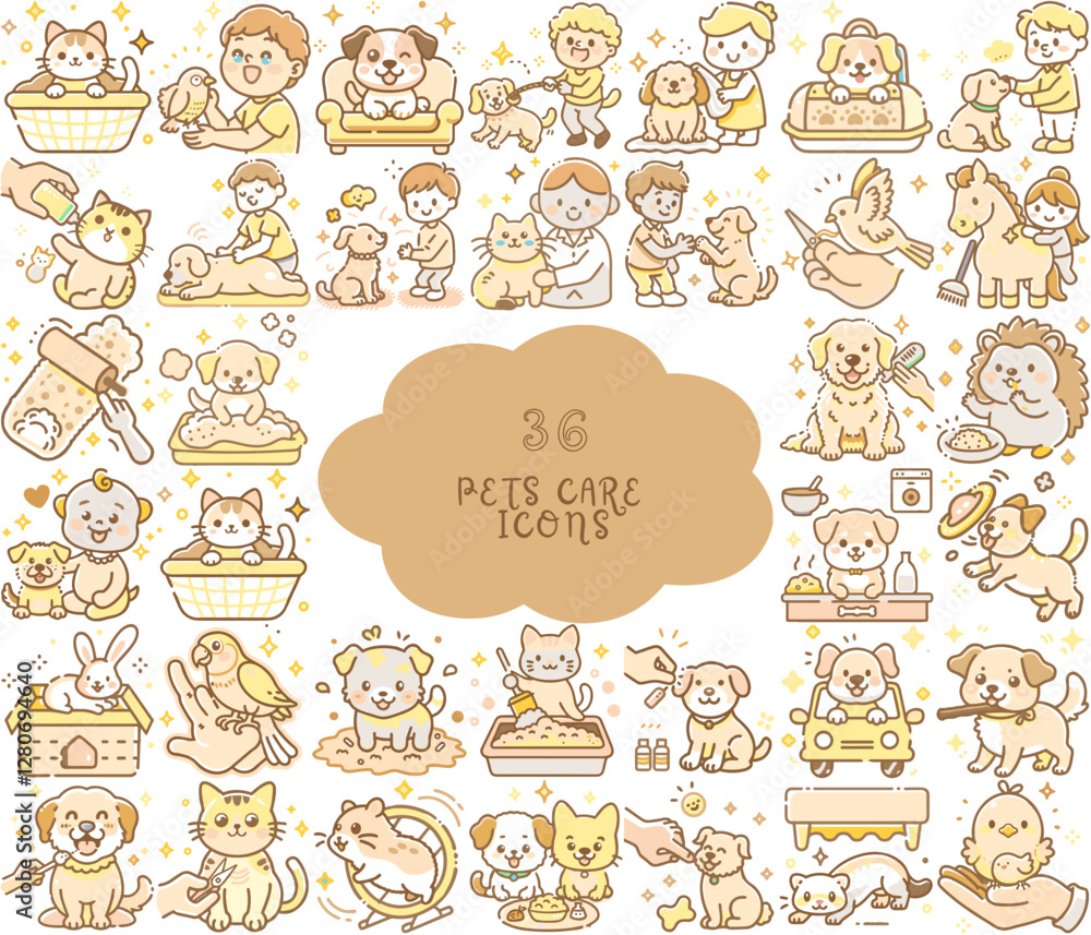 Fototapeta premium Cute pet care icons set in doodle style
