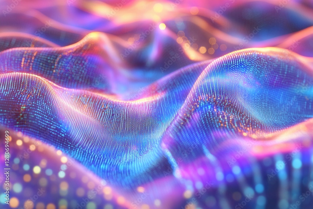 Abstract Wavy Digital Surface With Neon Blue Pink Gradient And Glittering Light Particles Abstract Wavy Digital Surface With Neon Blue Pink Gradient And Glittering Light Particles