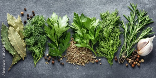 Fototapeta Naklejka Na Ścianę i Meble -  Dried herbs and spices including bay leaves parsley dill rosemary garlic arranged beautifully on a textured gray backdrop for a rustic aesthetic