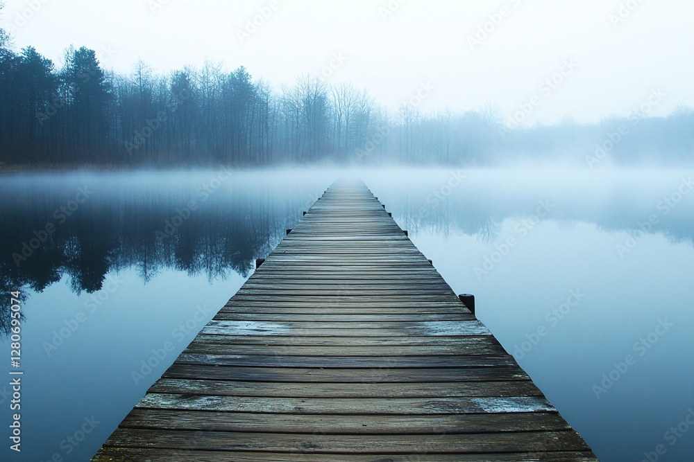 Obraz premium Wooden Pier Stretching Into Misty Lake Surrounded By Bare Trees And Calm Reflective Water In Winter