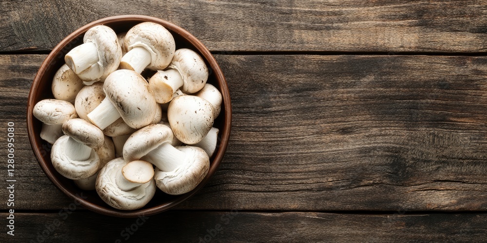 Fresh white champignon mushrooms in a brown bowl centered on a rustic wooden table with ample negative space on the right for text or design Fresh white champignon mushrooms in a brown bowl centered on a rustic wooden table with ample negative space on the right for text or design