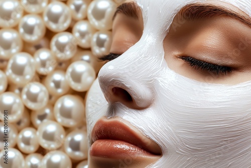 Woman enjoying facial mask beside white pearls.
