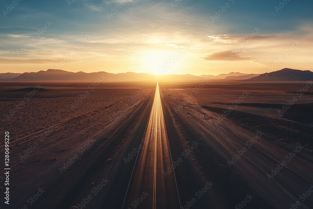 Fototapeta premium Straight Desert Highway Leading Towards Sunset with Clear Sky and Mountains in Horizon