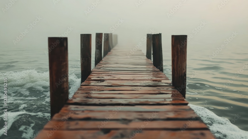 Fototapeta premium A small wooden dock stretching into the misty morning sea, waves gently brushing against the posts