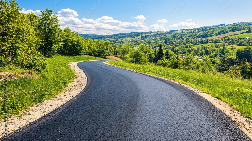 A smooth newly paved road cutting through a rural landscape, surrounded by greenery A smooth newly paved road cutting through a rural landscape, surrounded by greenery