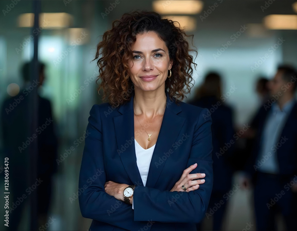 Confident business woman standing inside a modern office, dressed in an elegant suit with arms crossed, exuding success and professionalism
