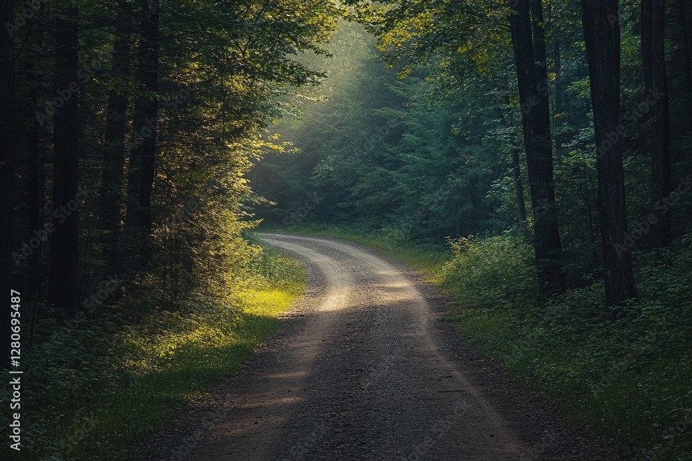 Obraz premium Serene Winding Forest Path Surrounded by Lush Green Trees and Illuminated by Golden Sunlight Beams