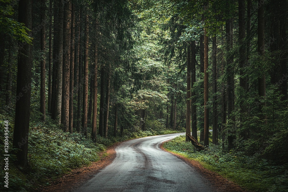 Fototapeta premium Winding Asphalt Road Surrounded by Dense Green Pine Forest During Daytime in Tranquil Nature Scene