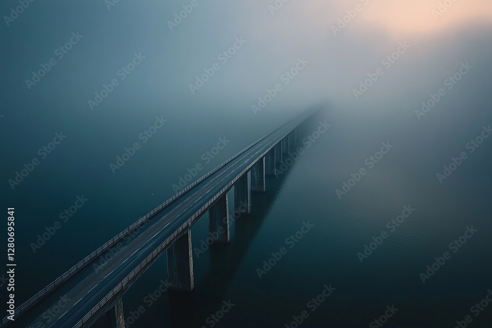 Obraz premium Long Elevated Bridge Extending Over Calm Water Into Dense Fog At Dawn With Moody Blue Atmosphere