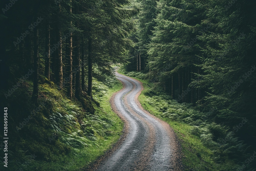 Winding Gravel Path Through Dense Green Forest with Moss and Ferns on Trees and Ground Winding Gravel Path Through Dense Green Forest with Moss and Ferns on Trees and Ground