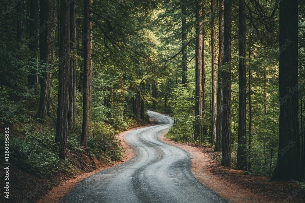 Fototapeta premium Winding Road Through Dense Lush Green Forest with Tall Trees in Serene Natural Landscape