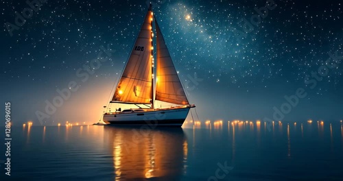 A sailboat with lights sails calmly on the sea at night under a starry sky.