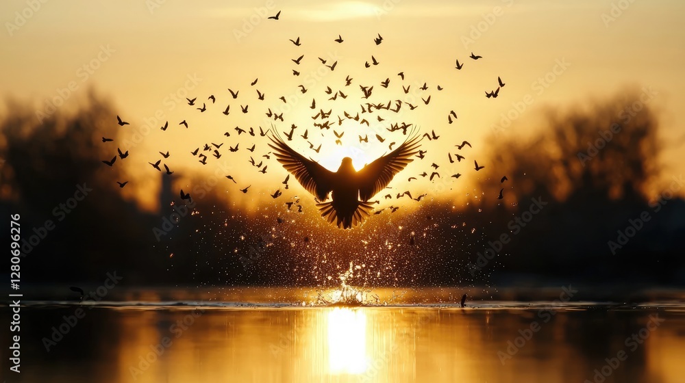 Obraz premium Bird taking flight at sunset, water splash, flock