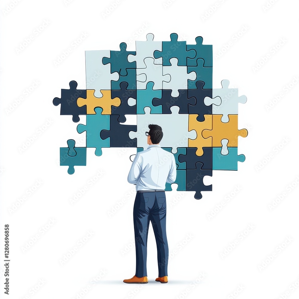 A man stands contemplating a colorful puzzle, symbolizing problem-solving, complexity, and creativity in decision-making. A man stands contemplating a colorful puzzle, symbolizing problem-solving, complexity, and creativity in decision-making.