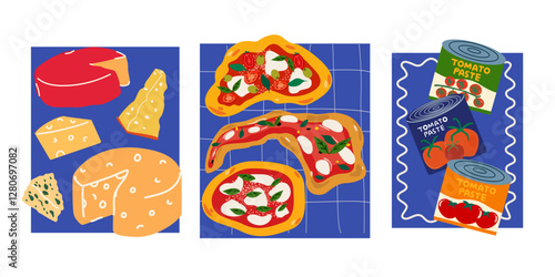 Abstract bright food posters in retro style. Flat banners for wall decor, prints and wallpaper. Vintage home decor posters. Pizza, various types of cheese and tomato paste in an iron can