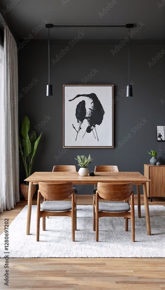 Fototapeta premium A modern dining room with dark grey walls and light wood floors.