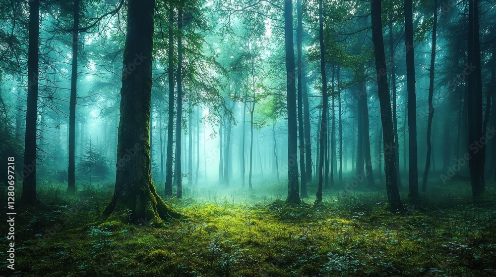 Fototapeta premium Misty woodland landscape with tall trees and soft light filtering through leaves during early morning hours